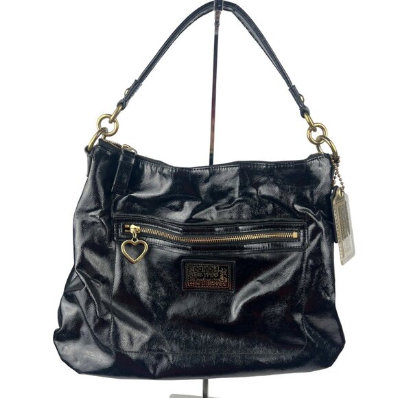 Coach Daisy Patent Leather Gloss Shoulder Bag Black Gold Zip Pendant - Picture 12 of 15